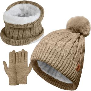 imageihuan Winter Hat Scarf Gloves Warmer Warm Knit Beanie Hat Touch Screen Gloves Set Neck Scarves for WomenKhaki