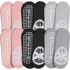 image:imageihuan 6 Pairs Pilates Socks for women NonSlip Yoga Socks With GripampStrap for Dance Barre Ballet Fitness Workout592pink2black2grey
