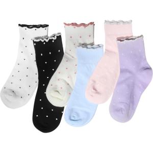 image:imageihuan 6 Pairs Womens Ruffle Crew Socks with Polka Dot Cute Cotton Frilly Ankle Socks for Women Teen Girls Breathable6pairs1white1black1cream1blue1pink1purple
