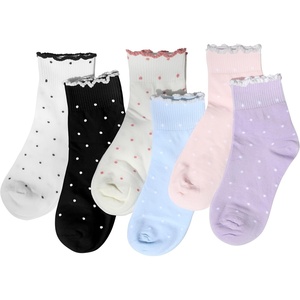 image:imageihuan 6 Pairs Womens Ruffle Cute Ankle Socks with Polka Dot Crew Cotton Frilly Casual Socks for Women Teen Girls Breathable6pairs1white1black1cream1blue1pink1purple