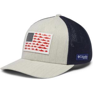 imageColumbia PFG Leather Fish Flag Mesh Ball CapAncient Fossil HeatherCollegiate Navy