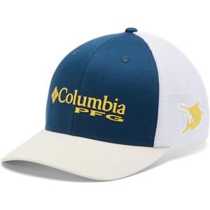 imageColumbia Womens PFG Logo Mesh Ball CapHigh CrownPetrol Blue  Sun Glow  Sail Fish