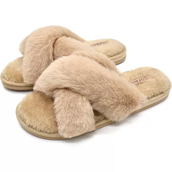 COFACE Womens Fuzzy Slides Fluff Faux Fur House Slippers Open Toe Slip On Soft Memory Foam Slippers with Arch Support Indoor Outdoor,Clearance