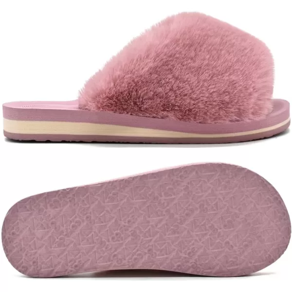 COFACE Womens Fuzzy Slides Fluff Faux Fur House Slippers Open Toe Slip On Soft Memory Foam Slippers with Arch Support Indoor Outdoor,Clearance