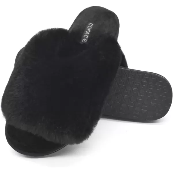 COFACE Womens Fuzzy Slides Fluff Faux Fur House Slippers Open Toe Slip On Soft Memory Foam Slippers with Arch Support Indoor Outdoor,Clearance