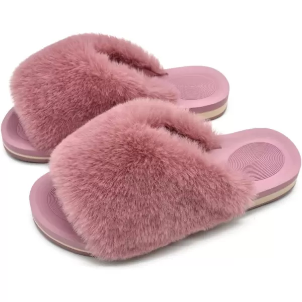 COFACE Womens Fuzzy Slides Fluff Faux Fur House Slippers Open Toe Slip On Soft Memory Foam Slippers with Arch Support Indoor Outdoor,Clearance