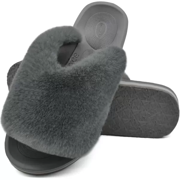 COFACE Womens Fuzzy Slides Fluff Faux Fur House Slippers Open Toe Slip On Soft Memory Foam Slippers with Arch Support Indoor Outdoor,Clearance