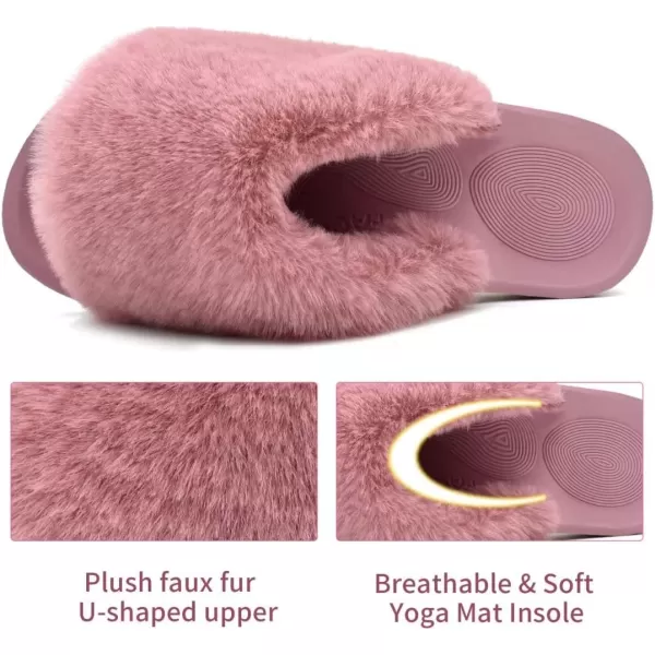 COFACE Womens Fuzzy Slides Fluff Faux Fur House Slippers Open Toe Slip On Soft Memory Foam Slippers with Arch Support Indoor Outdoor,Clearance