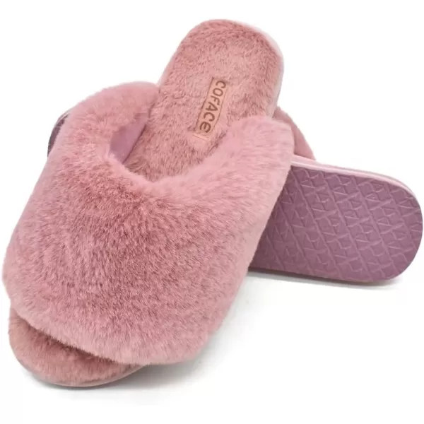 COFACE Womens Fuzzy Slides Fluff Faux Fur House Slippers Open Toe Slip On Soft Memory Foam Slippers with Arch Support Indoor Outdoor,Clearance