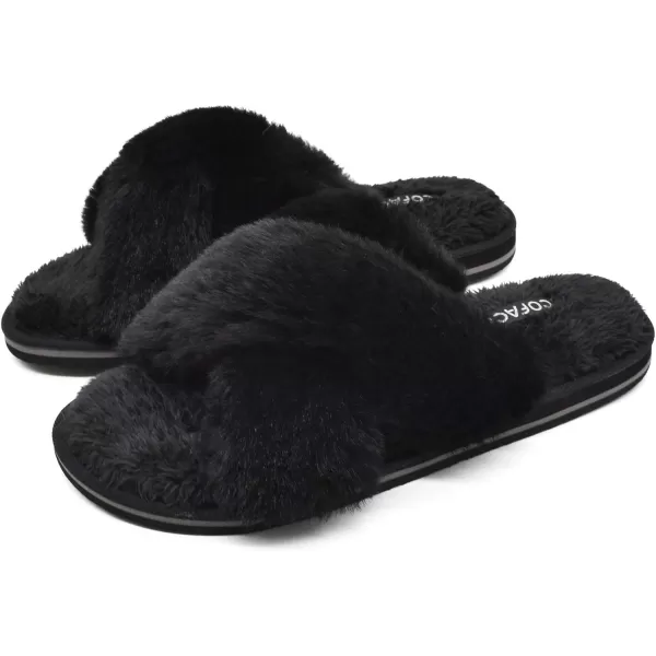 COFACE Womens Fuzzy Slides Fluff Faux Fur House Slippers Open Toe Slip On Soft Memory Foam Slippers with Arch Support Indoor Outdoor,Clearance