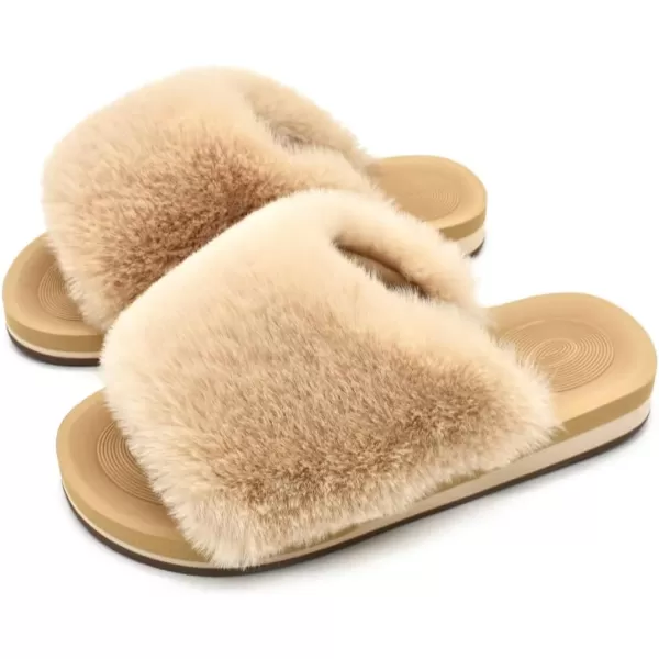 COFACE Womens Fuzzy Slides Fluff Faux Fur House Slippers Open Toe Slip On Soft Memory Foam Slippers with Arch Support Indoor Outdoor,Clearance
