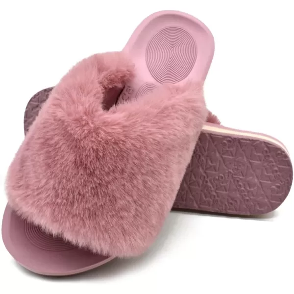 COFACE Womens Fuzzy Slides Fluff Faux Fur House Slippers Open Toe Slip On Soft Memory Foam Slippers with Arch Support Indoor Outdoor,Clearance