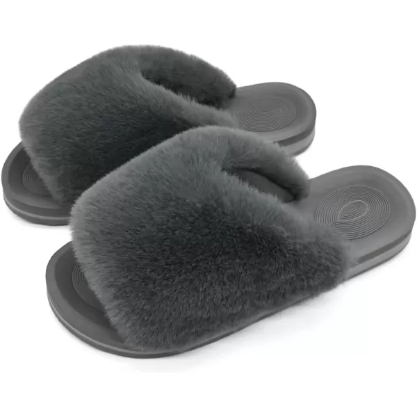 COFACE Womens Fuzzy Slides Fluff Faux Fur House Slippers Open Toe Slip On Soft Memory Foam Slippers with Arch Support Indoor Outdoor,Clearance