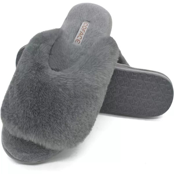 COFACE Womens Fuzzy Slides Fluff Faux Fur House Slippers Open Toe Slip On Soft Memory Foam Slippers with Arch Support Indoor Outdoor,Clearance