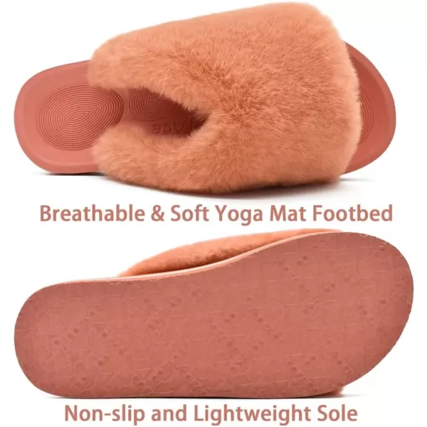 COFACE Womens Fuzzy Slides Fluff Faux Fur House Slippers Open Toe Slip On Soft Memory Foam Slippers with Arch Support Indoor Outdoor,Clearance
