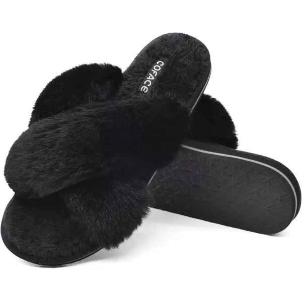 COFACE Womens Fuzzy Slides Fluff Faux Fur House Slippers Open Toe Slip On Soft Memory Foam Slippers with Arch Support Indoor Outdoor,Clearance