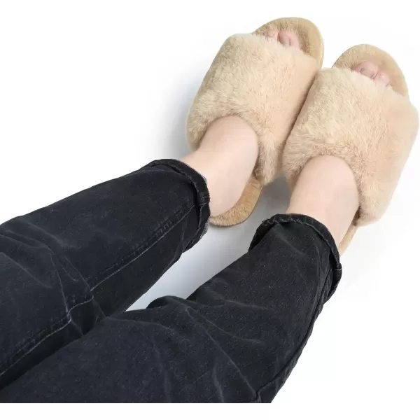 COFACE Womens Fuzzy Slides Fluff Faux Fur House Slippers Open Toe Slip On Soft Memory Foam Slippers with Arch Support Indoor Outdoor,Clearance
