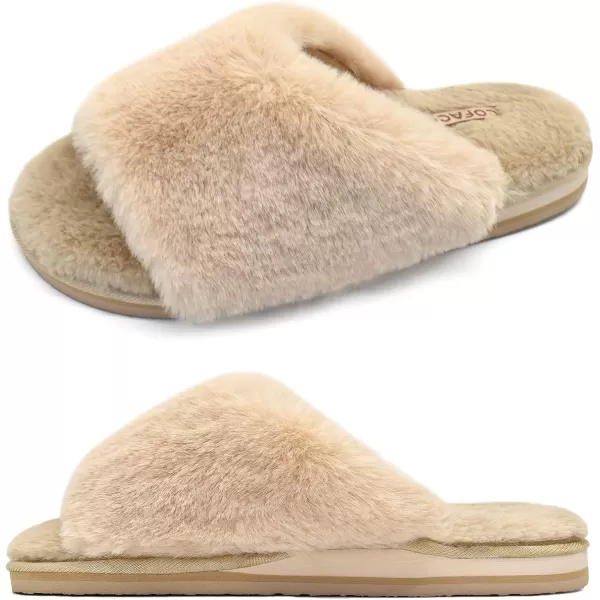COFACE Womens Fuzzy Slides Fluff Faux Fur House Slippers Open Toe Slip On Soft Memory Foam Slippers with Arch Support Indoor Outdoor,Clearance