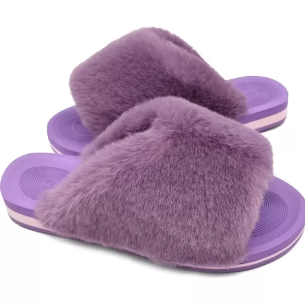 COFACE Womens Fuzzy Slides Fluff Faux Fur House Slippers Open Toe Slip On Soft Memory Foam Slippers with Arch Support Indoor Outdoor,Clearance