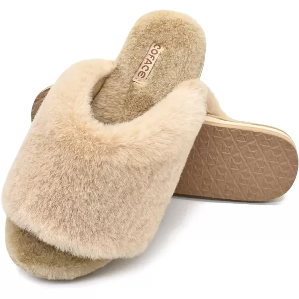 COFACE Womens Fuzzy Slides Fluff Faux Fur House Slippers Open Toe Slip On Soft Memory Foam Slippers with Arch Support Indoor Outdoor,Clearance