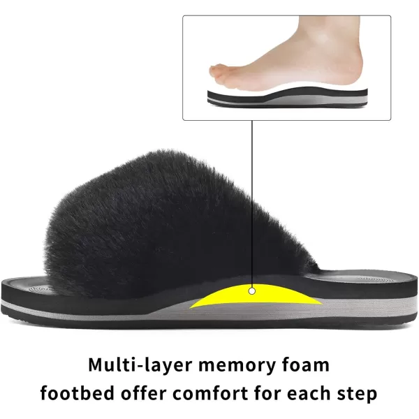 COFACE Womens Fuzzy Slides Fluff Faux Fur House Slippers Open Toe Slip On Soft Memory Foam Slippers with Arch Support Indoor Outdoor,Clearance