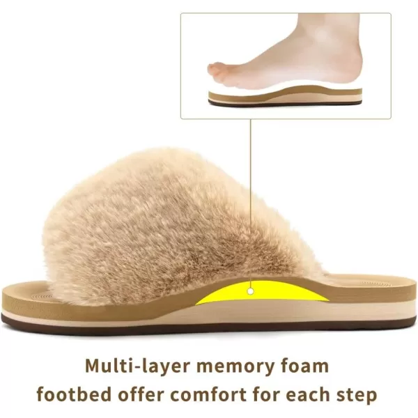 COFACE Womens Fuzzy Slides Fluff Faux Fur House Slippers Open Toe Slip On Soft Memory Foam Slippers with Arch Support Indoor Outdoor,Clearance