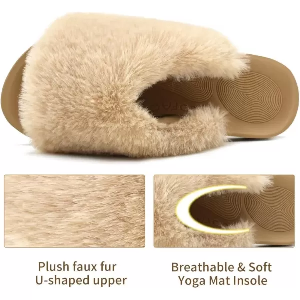 COFACE Womens Fuzzy Slides Fluff Faux Fur House Slippers Open Toe Slip On Soft Memory Foam Slippers with Arch Support Indoor Outdoor,Clearance
