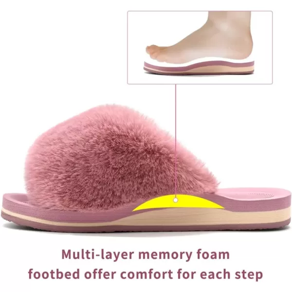 COFACE Womens Fuzzy Slides Fluff Faux Fur House Slippers Open Toe Slip On Soft Memory Foam Slippers with Arch Support Indoor Outdoor,Clearance
