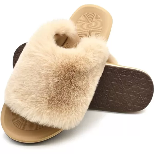 COFACE Womens Fuzzy Slides Fluff Faux Fur House Slippers Open Toe Slip On Soft Memory Foam Slippers with Arch Support Indoor Outdoor,Clearance