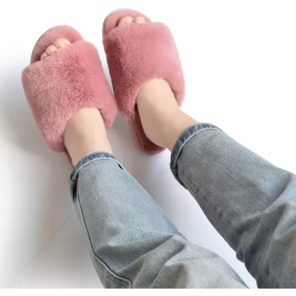 COFACE Womens Fuzzy Slides Fluff Faux Fur House Slippers Open Toe Slip On Soft Memory Foam Slippers with Arch Support Indoor Outdoor,Clearance