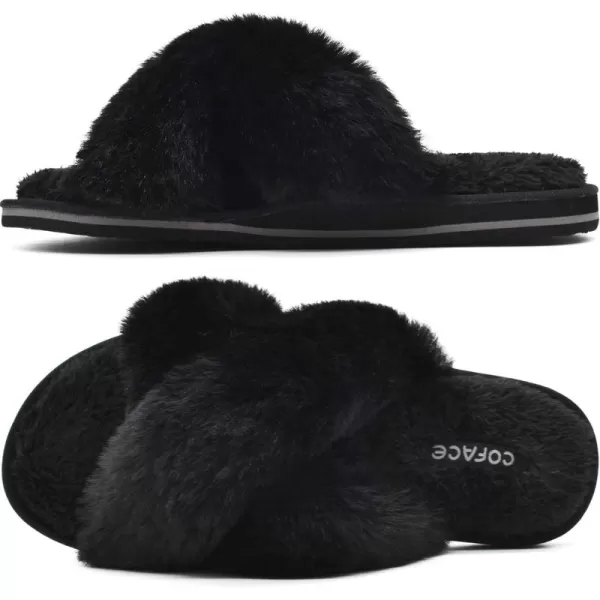 COFACE Womens Fuzzy Slides Fluff Faux Fur House Slippers Open Toe Slip On Soft Memory Foam Slippers with Arch Support Indoor Outdoor,Clearance