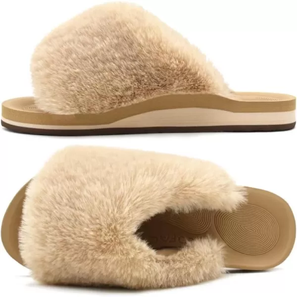 COFACE Womens Fuzzy Slides Fluff Faux Fur House Slippers Open Toe Slip On Soft Memory Foam Slippers with Arch Support Indoor Outdoor,Clearance