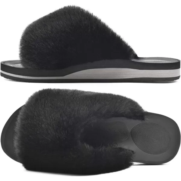 COFACE Womens Fuzzy Slides Fluff Faux Fur House Slippers Open Toe Slip On Soft Memory Foam Slippers with Arch Support Indoor Outdoor,Clearance