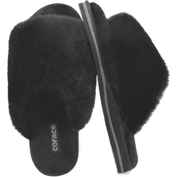 COFACE Womens Fuzzy Slides Fluff Faux Fur House Slippers Open Toe Slip On Soft Memory Foam Slippers with Arch Support Indoor Outdoor,Clearance