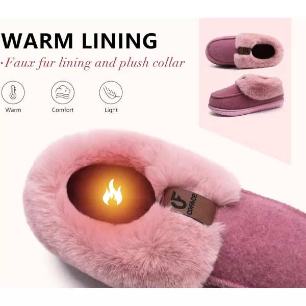 COFACE Women's Memory Foam House Slippers Arch Support Moccasin Winter Shoes Ladies Warm Fuzzy Faux Fur Collar With Indoor Outdoor Rubber Sole)