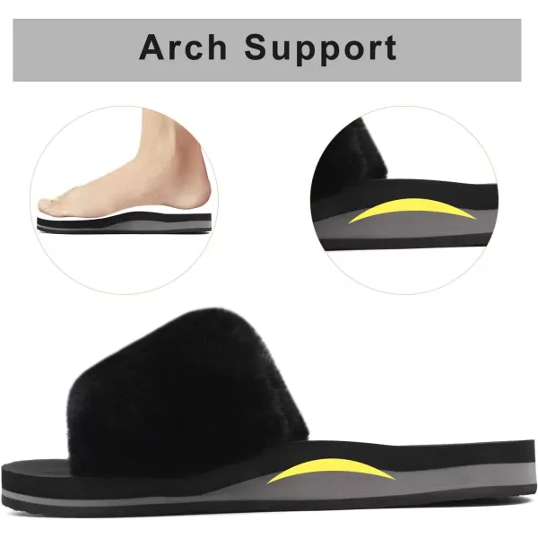 COFACE Womens Slides Fuzzy Slippers Open Toe Fluff Slippers With Arch Support Plantar Fasciitis Orthotic Slippers Women House Shoes