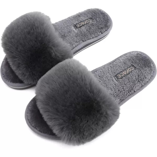 COFACE Womens Slides Fuzzy Slippers Open Toe Fluff Slippers With Arch Support Plantar Fasciitis Orthotic Slippers Women House Shoes