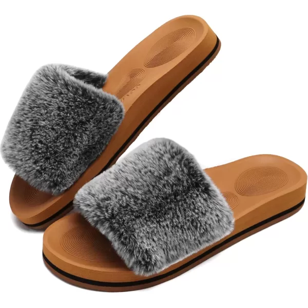 COFACE Womens Slides Fuzzy Slippers Open Toe Fluff Slippers With Arch Support Plantar Fasciitis Orthotic Slippers Women House Shoes