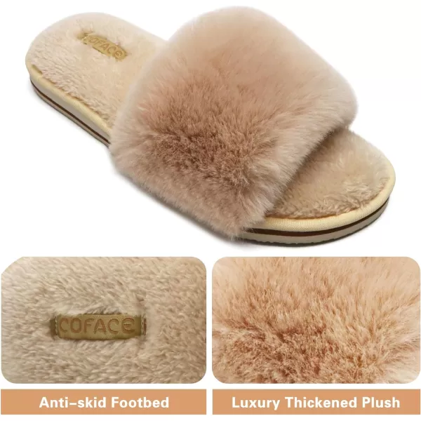 COFACE Womens Slides Fuzzy Slippers Open Toe Fluff Slippers With Arch Support Plantar Fasciitis Orthotic Slippers Women House Shoes