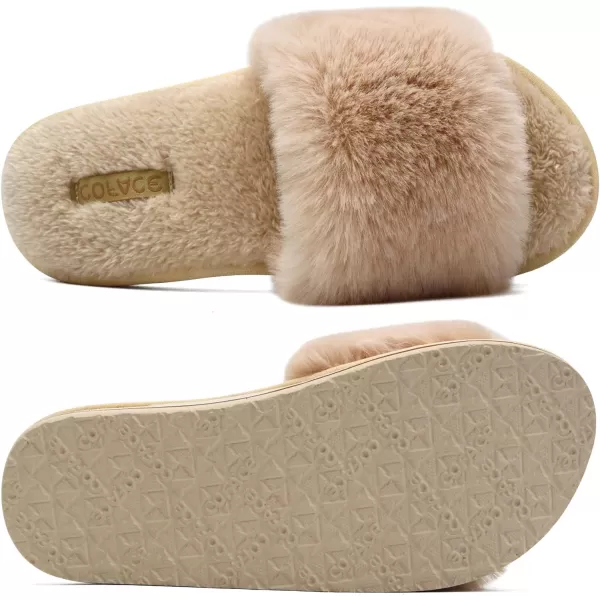 COFACE Womens Slides Fuzzy Slippers Open Toe Fluff Slippers With Arch Support Plantar Fasciitis Orthotic Slippers Women House Shoes