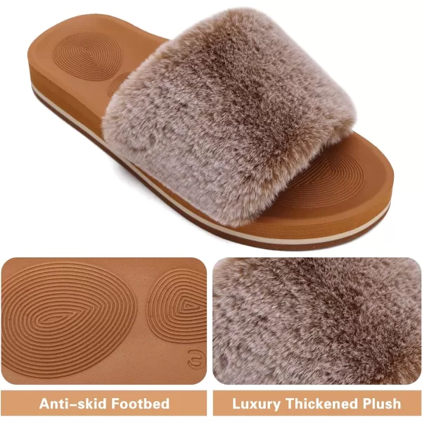 COFACE Womens Slides Fuzzy Slippers Open Toe Fluff Slippers With Arch Support Plantar Fasciitis Orthotic Slippers Women House Shoes