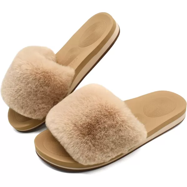 COFACE Womens Slides Fuzzy Slippers Open Toe Fluff Slippers With Arch Support Plantar Fasciitis Orthotic Slippers Women House Shoes
