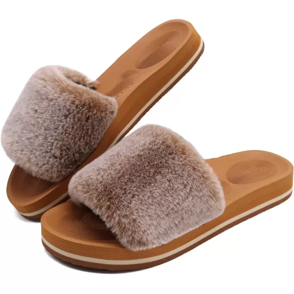 COFACE Womens Slides Fuzzy Slippers Open Toe Fluff Slippers With Arch Support Plantar Fasciitis Orthotic Slippers Women House Shoes