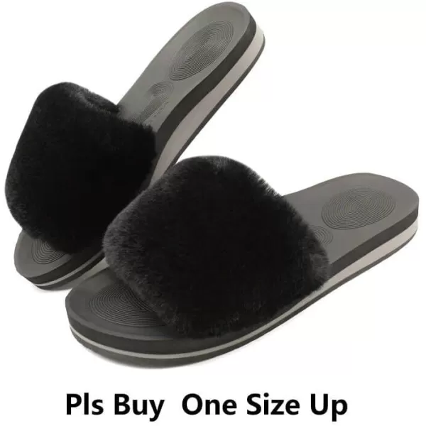 COFACE Womens Slides Fuzzy Slippers Open Toe Fluff Slippers With Arch Support Plantar Fasciitis Orthotic Slippers Women House Shoes