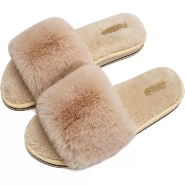 COFACE Womens Slides Fuzzy Slippers Open Toe Fluff Slippers With Arch Support Plantar Fasciitis Orthotic Slippers Women House Shoes