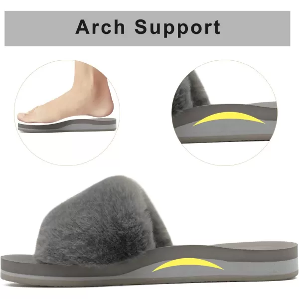 COFACE Womens Slides Fuzzy Slippers Open Toe Fluff Slippers With Arch Support Plantar Fasciitis Orthotic Slippers Women House Shoes