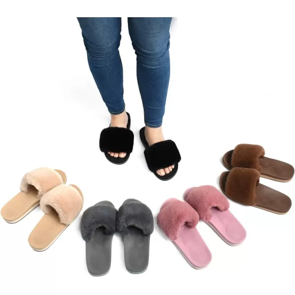 COFACE Womens Slides Fuzzy Slippers Open Toe Fluff Slippers With Arch Support Plantar Fasciitis Orthotic Slippers Women House Shoes