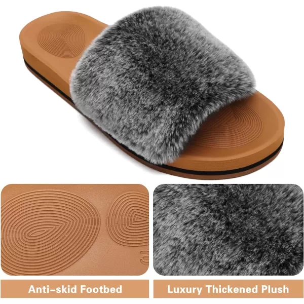 COFACE Womens Slides Fuzzy Slippers Open Toe Fluff Slippers With Arch Support Plantar Fasciitis Orthotic Slippers Women House Shoes