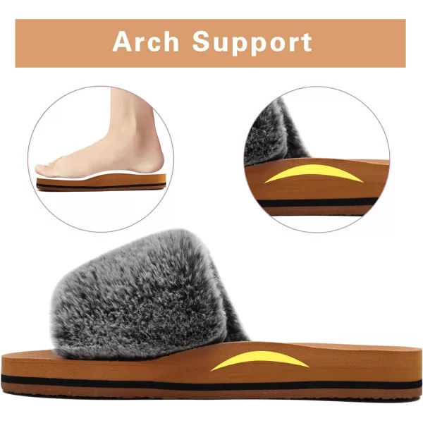 COFACE Womens Slides Fuzzy Slippers Open Toe Fluff Slippers With Arch Support Plantar Fasciitis Orthotic Slippers Women House Shoes