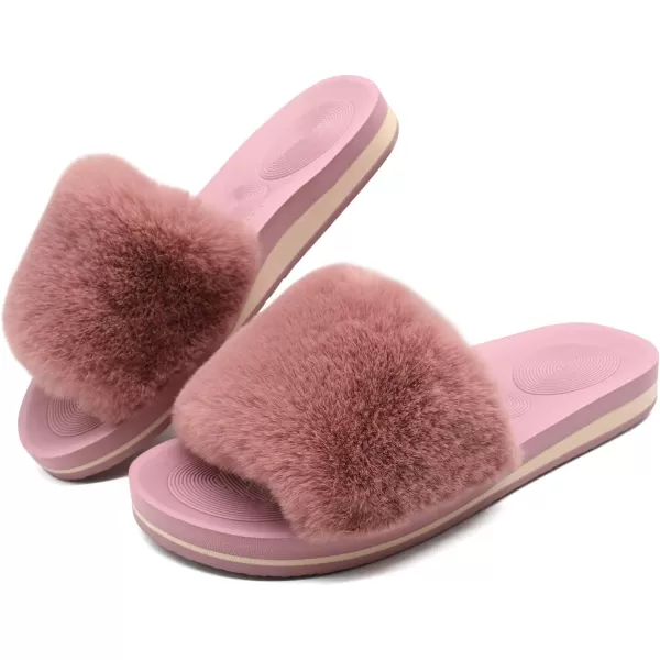 COFACE Womens Slides Fuzzy Slippers Open Toe Fluff Slippers With Arch Support Plantar Fasciitis Orthotic Slippers Women House Shoes
